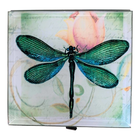 Dragonfly Keepsake Box Jewelry & Trinkets, Beveled Glass, Lined, Hinged Lid 4"SQ - Picture 2 of 5
